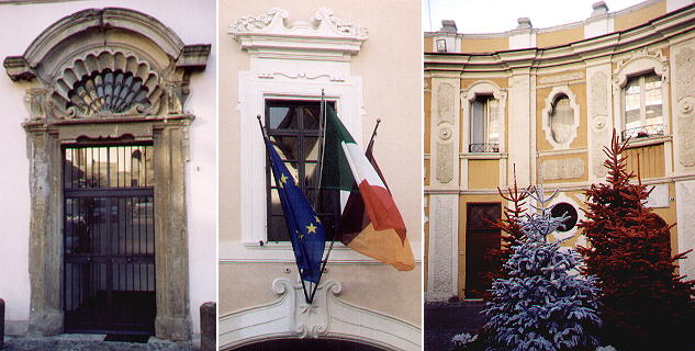 Entrance of a palace in Piazza S. Paolo, a window of Palazzo Savelli Albani and the exedra opposite Palazzo Lercari