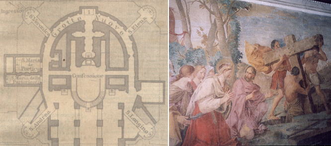 Plan of the Vatican Grottoes and a painting showing an episode related to St. Helena in the corridor leading to the chapel of St. Longinus
