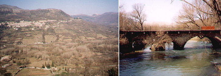 View of the valley and an old Roman bridge crossing the Aniene
