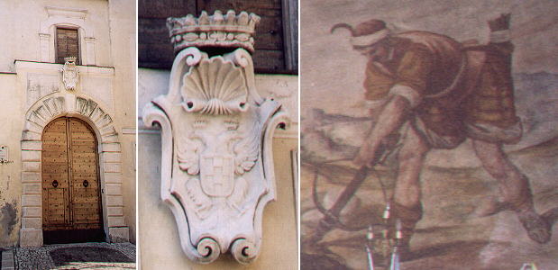 Coat of arms at the entrance of Castello Orsini and detail of the fresco in S. Sebastiano