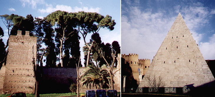 The ancient walls of Rome protecting the cemetery and Porta S. Paolo and Piramide di Caio Cestio seen from the cemetery