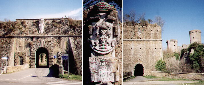 XVth century walls: entrance; Farnese coat of arms; lateral view with the old fortress