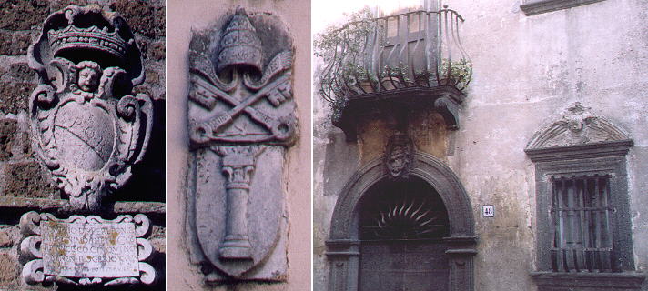 Coat of arms of Barbarano, coat of arms of Martinus V Colonna and a Renaissance building in the main street