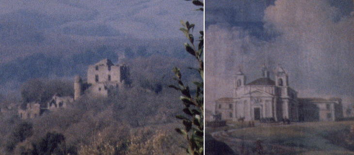 Ruins of Monterano and an old painting showing Monastero di S. Bonaventura