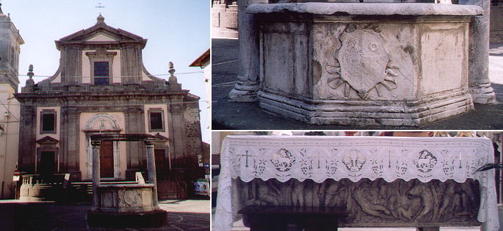 S. Maria Assunta; a detail of a Renaissance well with the Orsini coat of arms; Roman sarcophagus now used as an altar