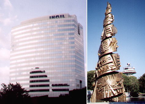 A modern building and a sculpture by Arnaldo Pomodoro