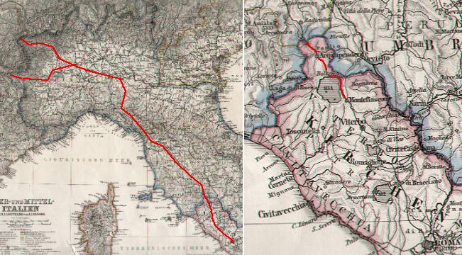 Map of Italy showing in red Via Francigena and detail of its section covered in this page