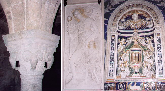 Medieval column in the crypt; Renaissance relief and painted terracotta