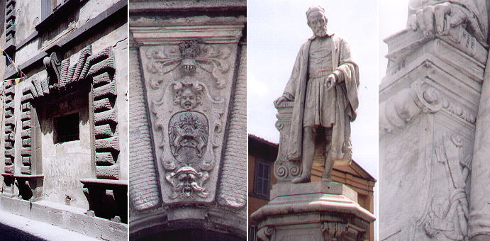 Detail of Palazzo Viscontini; a coat of arms; monument to Gerolamo Fabrizio