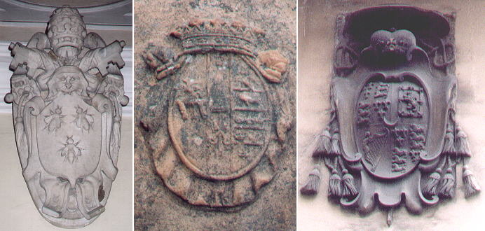 Coat of arms of Urbanus VIII in Palazzo Comunale, coats of arms of the Boncompagni Ludovisi and of the Odescalchi in Villa Sora, 
coat of arms of cardinal Stuart in a street of Frascati