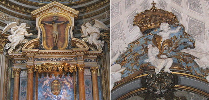 Main altar of Chiesa Nuova and detail of Cappella di S. Luigi in S.Luigi dei Francesi