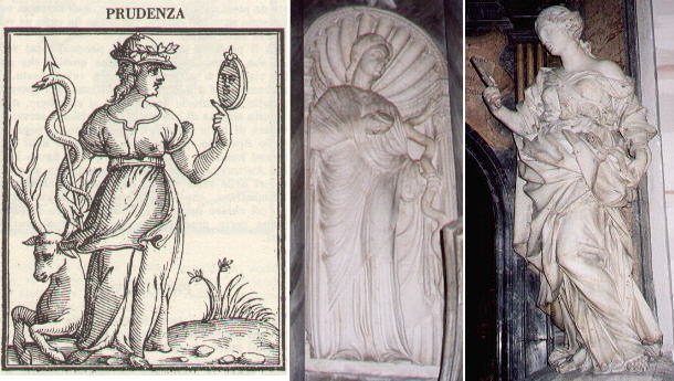 Prudence as portrayed in Cesare Ripa's Iconologia; Prudence by Isaia da Pisa in S. Giovanni in Laterano; Prudence by Domenico Guidi in S. Andrea della Valle