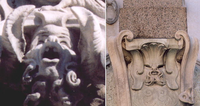 Masks in Fontana dei Quattro Fiumi and Obelisco della Minerva