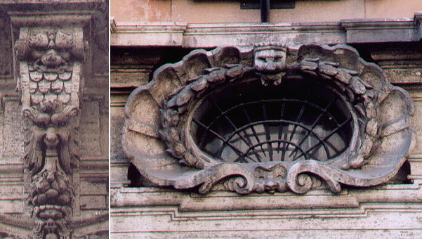 Masks in the terrace of Palazzo Borghese and in a building next to S. Bartolomeo dei Bergamaschi