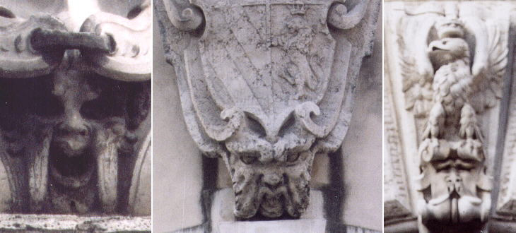 Masks hidden in coats of arms of Clemens IX in Banco di S. Spirito, Pius IX in Scuderie Papali, the Borghese family in a palace near Palazzo Borghese