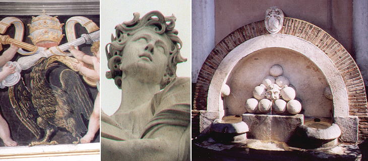 Eagle of Paulus V in the Vatican Palace; head of an angel in Ponte S. Angelo; modern fountain 