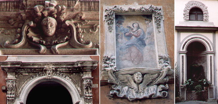 Decoration of a window near S. Lorenzo in Lucina, portal of Palazzo Guelfi Camajani next to Palazzo Ferraioli, madonnella in 
Via Mario dei Fiori, fountain in the courtyard of a building near Chiesa di S. Giuseppe