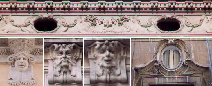 (top) Frieze of Palazzo Barberini; (left to right) cornice detail of Palazzo della Stamperia; the serious and the laughing man in Palazzo Mellini; 
detail of an XVIIIth century building in Via in Arcione opposite Palazzo Gentili-Del Drago