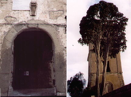 Main gate and a ruined building of Villa Chigi