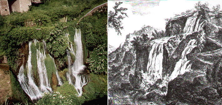 The waterfalls of Tivoli and a detail of an etching by G. B. Piranesi