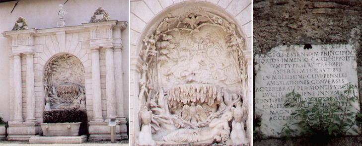 Fountain in the courtyard and inscription detailing the efforts made to build Villa d'Este