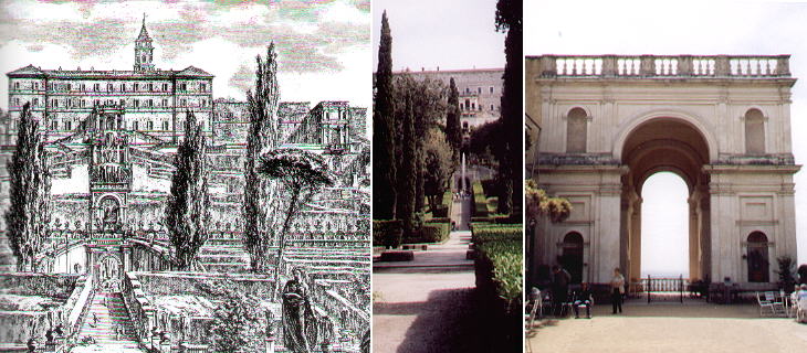 Villa d'Este seen in an etching by G. B. Piranesi and today: a view of the Gran Loggia