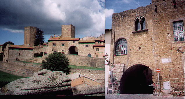 Views of medieval Tuscania: in the foreground an Etruscan sarcophagus