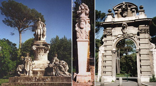 Monument to Goethe, one of the colossal herms in the Italian Garden and the ancient entrance in Via Pinciana