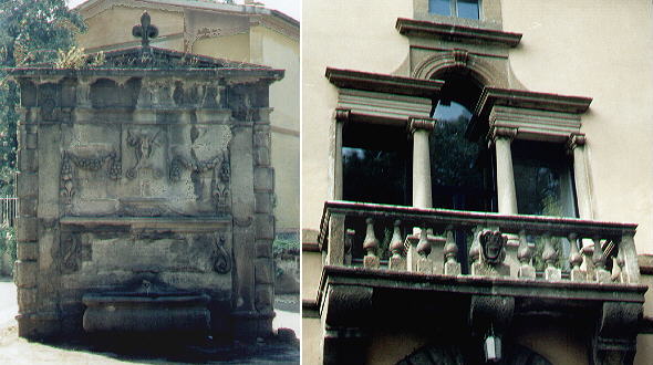 Fountain with the coat of arms of Paulus III and detail of a palace with the Pamphily's coat of arms
