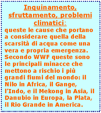 Casella di testo: Inquinamento, sfruttamento, problemi climatici:  queste le cause che portano a considerare quella della scarsità di acqua come una vera e propria emergenza.  Secondo WWF queste sono le principali minacce che mettono a rischio i più grandi fiumi del mondo: il Nilo in Africa, il Gange, l’Indo, e il Mekong in Asia, il Danubio in Europa, la Plata, il Rio Grande in America.    