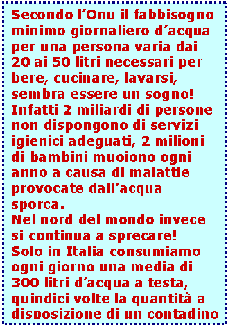 Casella di testo: Secondo l’Onu il fabbisogno minimo giornaliero d’acqua per una persona varia dai 20 ai 50 litri necessari per bere, cucinare, lavarsi, sembra essere un sogno!  Infatti 2 miliardi di persone non dispongono di servizi igienici adeguati, 2 milioni di bambini muoiono ogni anno a causa di malattie provocate dall’acqua sporca.  Nel nord del mondo invece si continua a sprecare!  Solo in Italia consumiamo ogni giorno una media di 300 litri d’acqua a testa, quindici volte la quantità a disposizione di un contadino africano.    