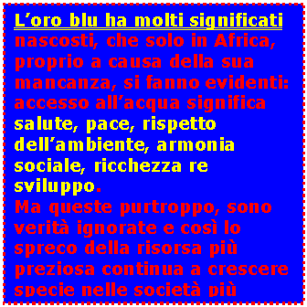 Casella di testo: L’oro blu ha molti significati nascosti, che solo in Africa, proprio a causa della sua mancanza, si fanno evidenti: accesso all’acqua significa salute, pace, rispetto dell’ambiente, armonia sociale, ricchezza re sviluppo.  Ma queste purtroppo, sono verità ignorate e così lo spreco della risorsa più preziosa continua a crescere specie nelle società più avanzate.    