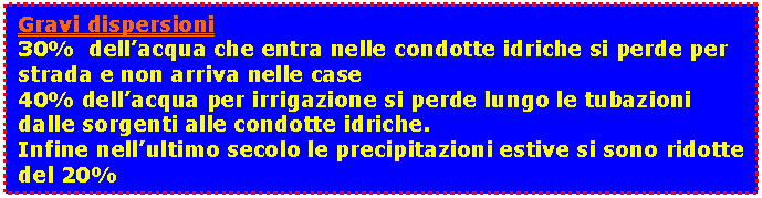 Casella di testo: Gravi dispersioni  30%  dell’acqua che entra nelle condotte idriche si perde per strada e non arriva nelle case  40% dell’acqua per irrigazione si perde lungo le tubazioni dalle sorgenti alle condotte idriche.  Infine nell’ultimo secolo le precipitazioni estive si sono ridotte del 20%  