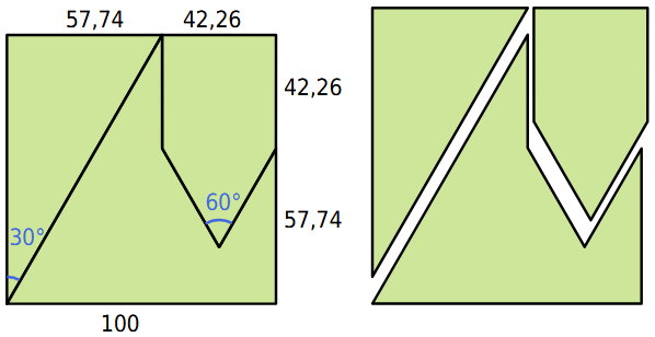 Dissezione da quadrato a triangolo equilatero con foro in 3 pezzi