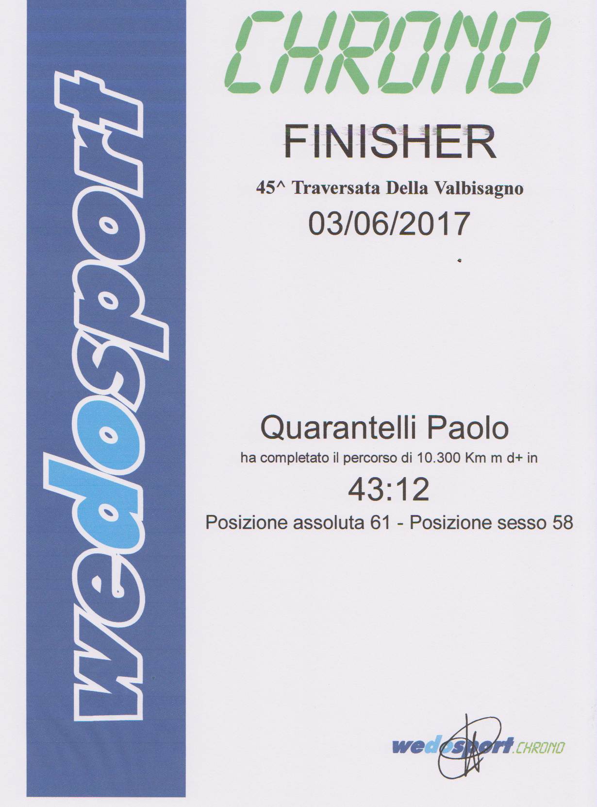 diploma finisher gau fidal Paolo Quarantelli gara attraversata val bisagno running podismo